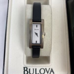 Bulova Watch Rectangle Silver Skinny Black Leather Band - Needs New Battery